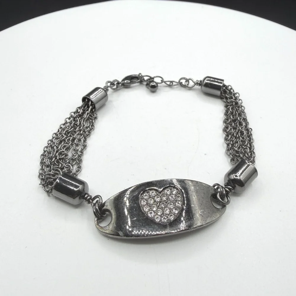 Rhinestone Heart Silver Tone Multi Strand Chain Bracelet Romantic Y2K Love Gift